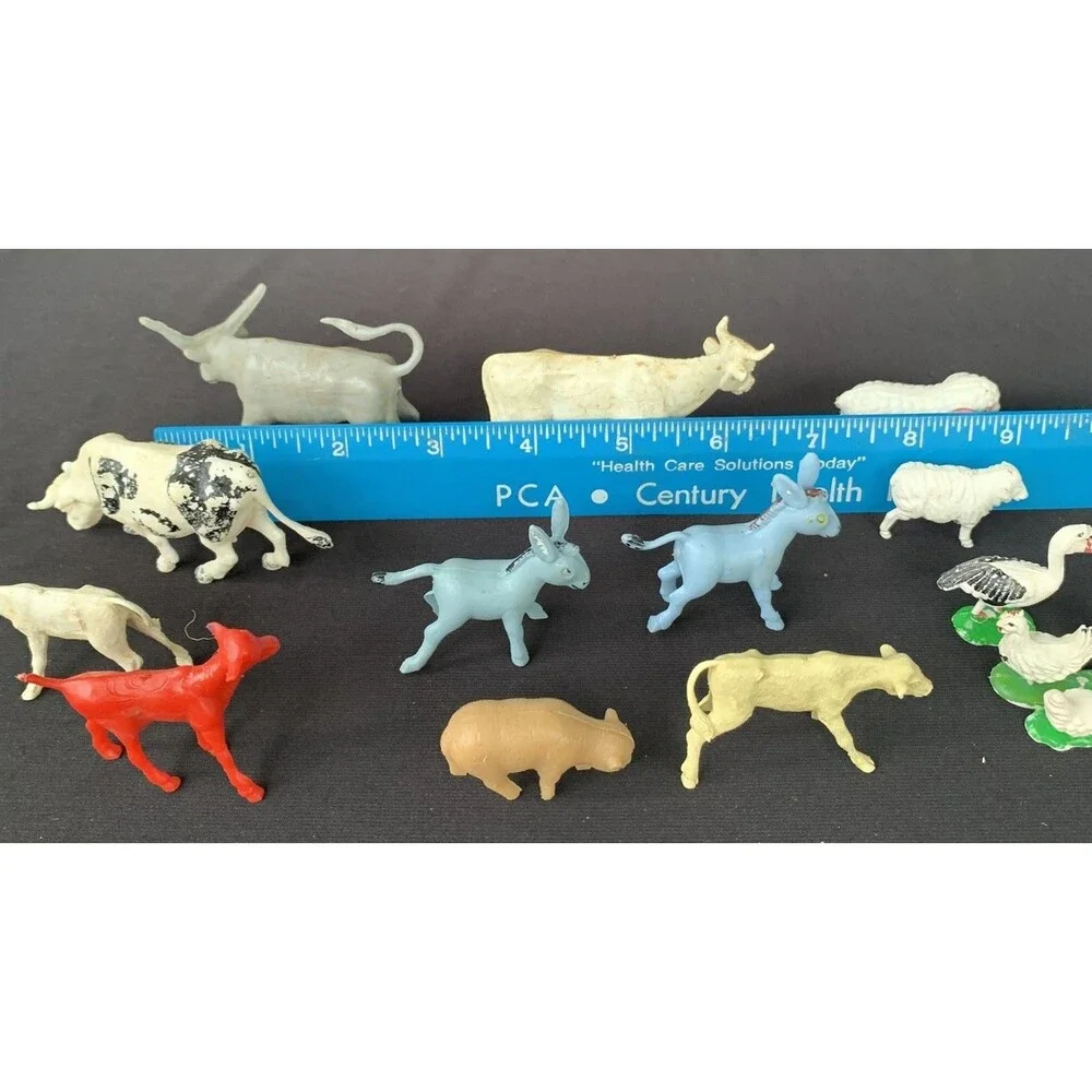 12 Vintage Plastic Farm Animals Cows Bulls Sheep Donkeys Hong Kong  Unmarked